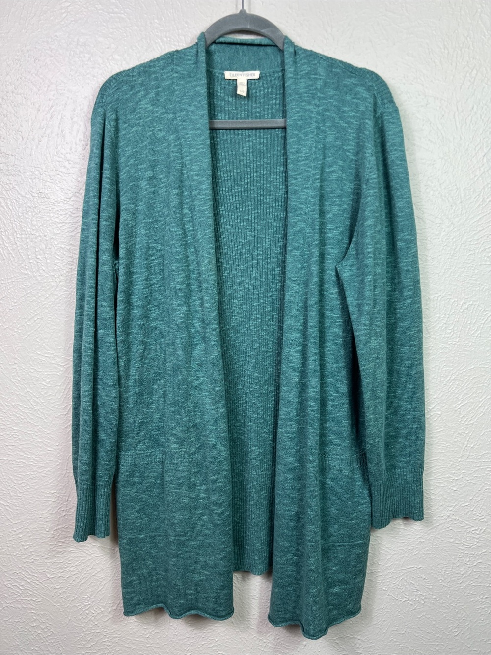Eileen Fisher Linen Blend Open Front Green Long Sleeve Tunic Cardigan Large